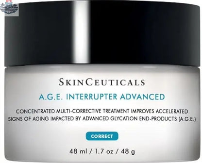 SkinCeuticals A.G.E Interrupter Advanced jar with product label, skincare cream for anti-aging and skin repair from Monarch MD Medical Aesthetics.