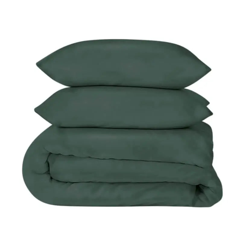 Luxurious forest green sateen duvet cover set by Skylark+Owl Canada featuring smooth, refined bedding for ultimate comfort.