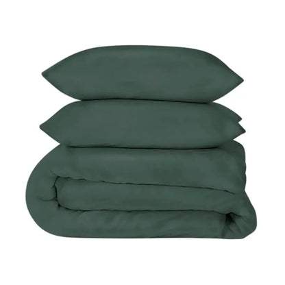 Luxurious forest green sateen duvet cover set by Skylark+Owl Canada featuring smooth, refined bedding for ultimate comfort.