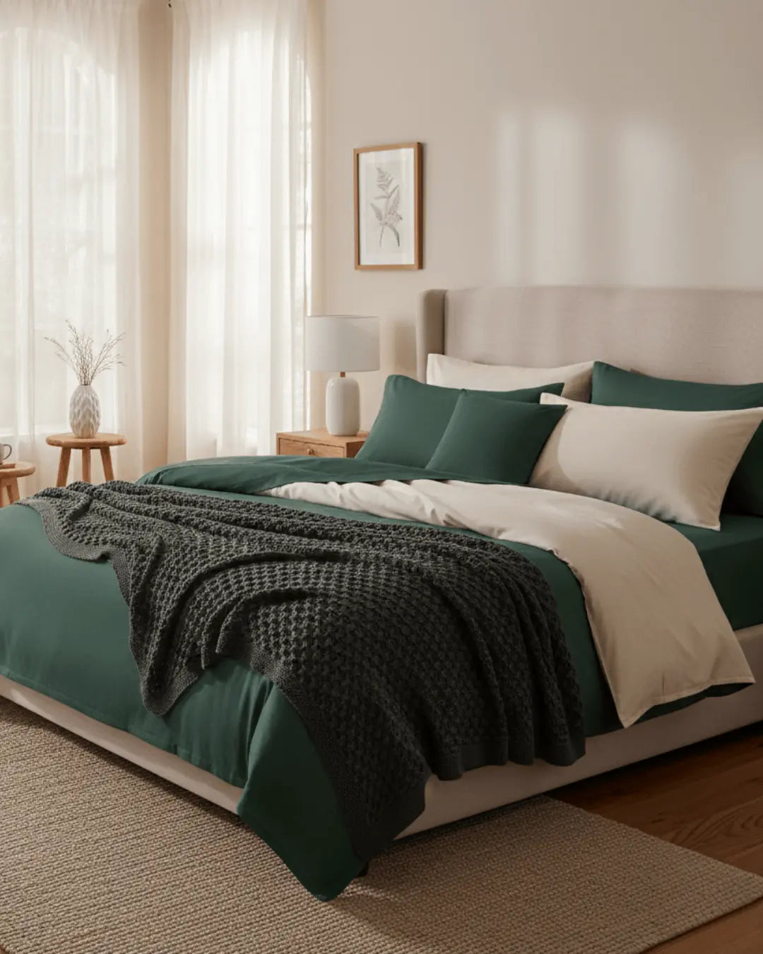 Skylark+Owl Canada refined sateen duvet cover set in chalk and forest colors, showcasing smooth, luxurious bedding fabric.