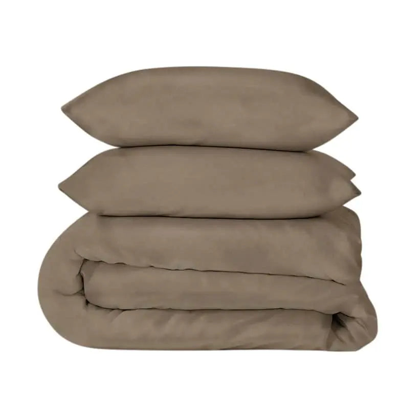 Luxurious taupe sateen duvet cover set by Skylark+Owl Canada, soft and smooth bedding for ultimate comfort.