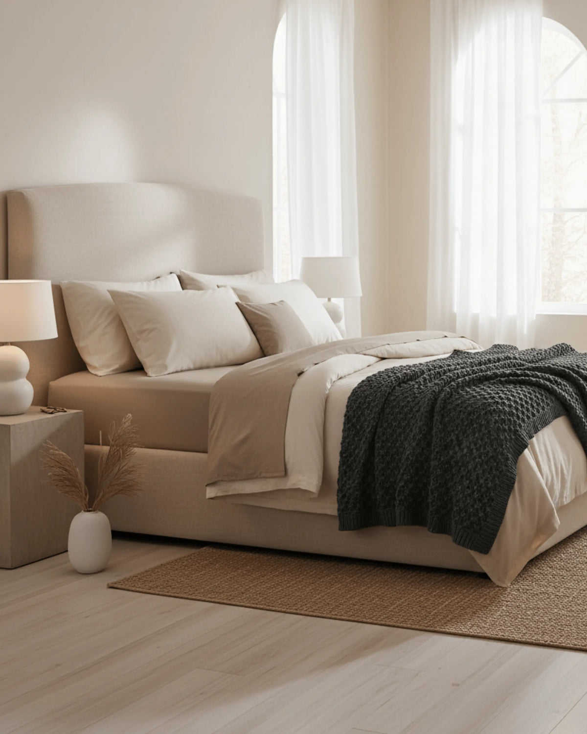 Skylark+Owl Canada refined sateen fitted sheet in chalk and taupe color, offering luxurious comfort for bed linens.