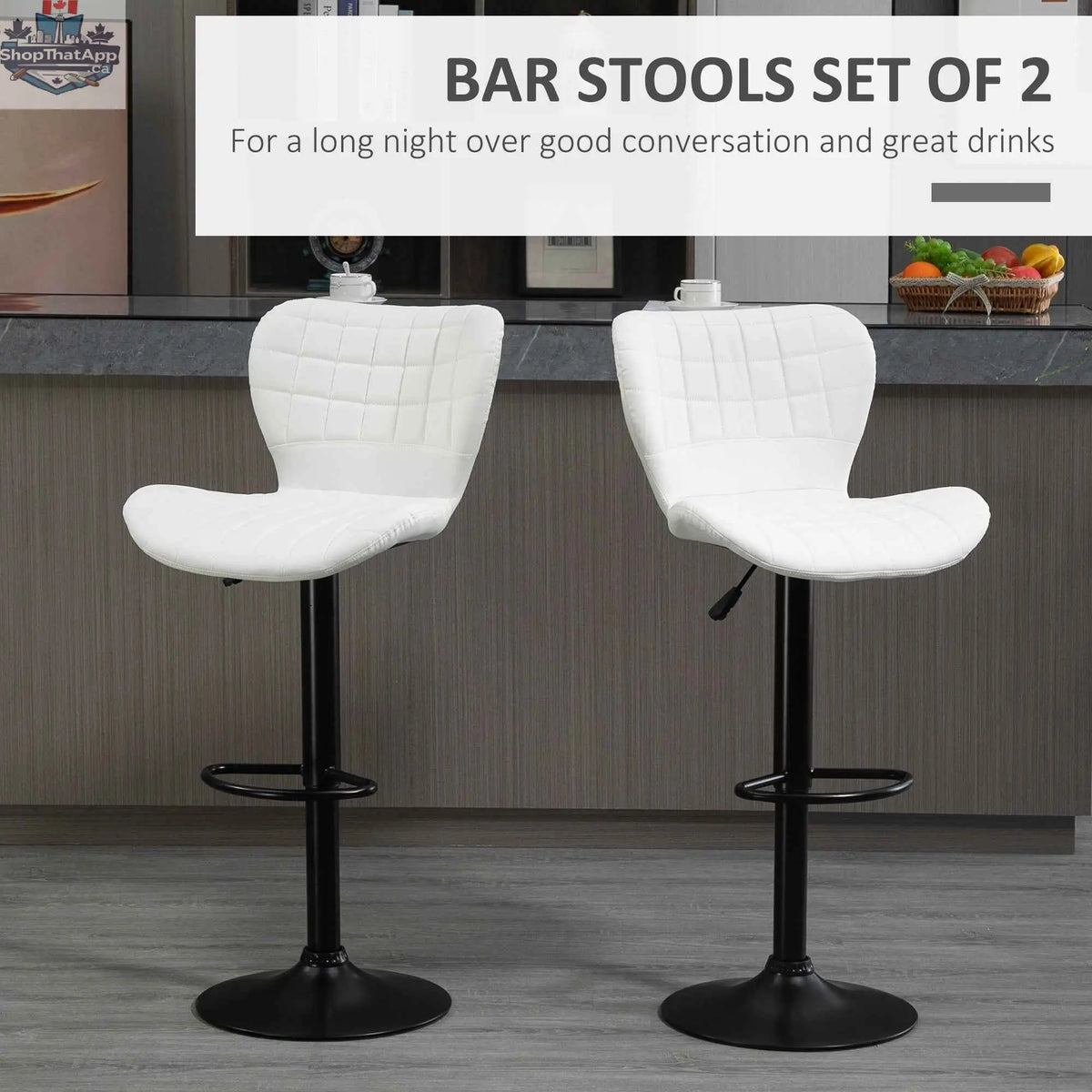 Set of two white Avion adjustable height barstools by SLOTH Nation with swivel seats, modern design for kitchen or bar area.
