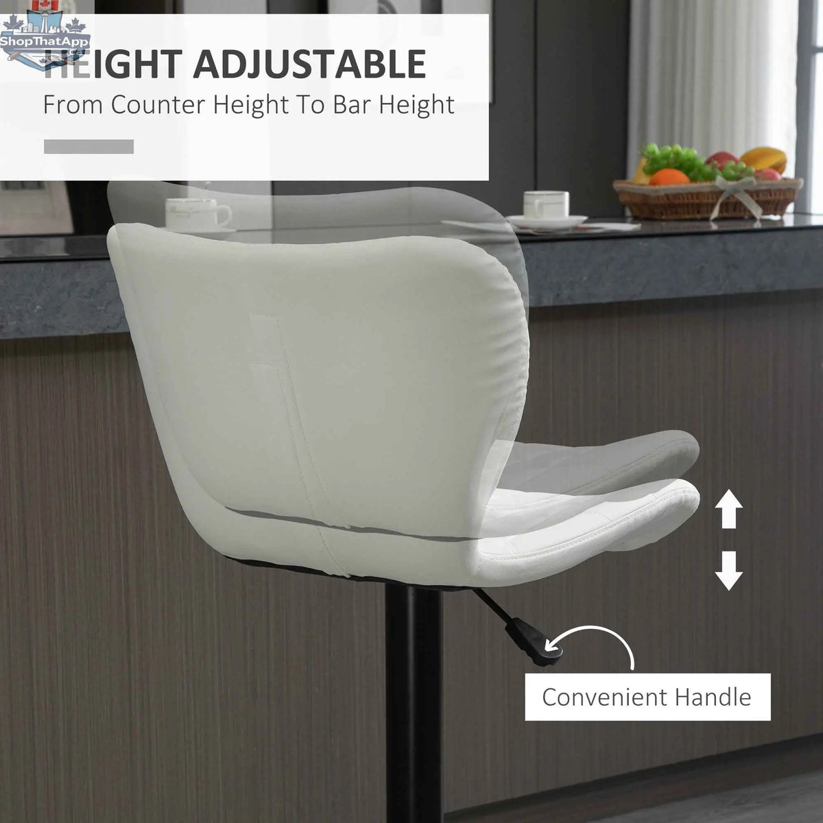 Set of two white Avion adjustable height barstools by SLOTH Nation with swivel seats, modern design, and sleek white finish.