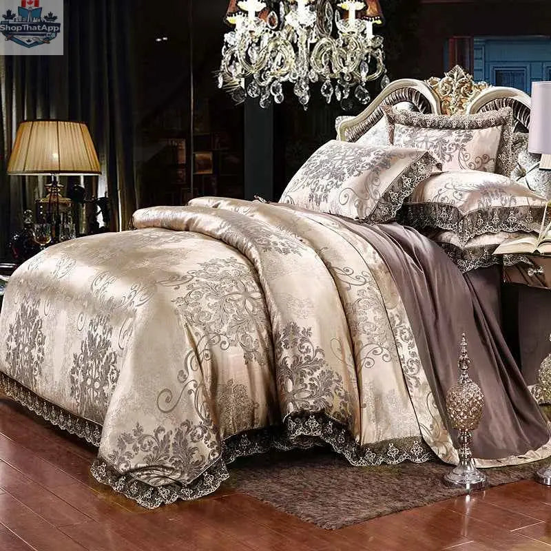 Luxury Jacquard Cotton Bedding Set by SLOTH Nation, four-piece duvet cover and silk-satin finish bed sheet, elegant and cozy.