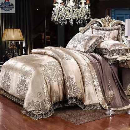 Luxury Jacquard Cotton Bedding Set by SLOTH Nation, four-piece duvet cover and silk-satin finish bed sheet, elegant and cozy.
