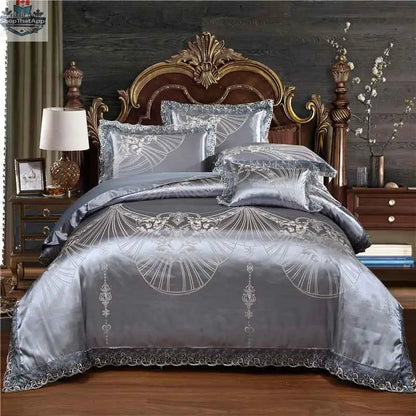 Jacquard cotton bedding set by SLOTH Nation with a luxurious silk-satin finish duvet cover and matching bed sheet.