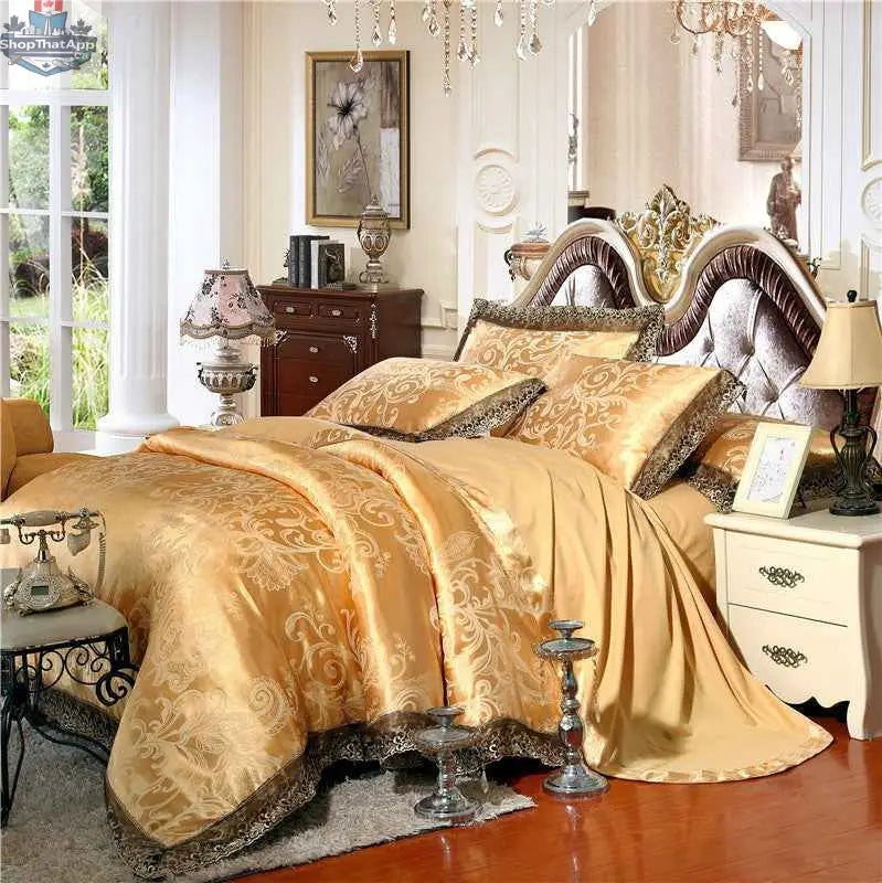 Jacquard cotton bedding set by SLOTH Nation featuring a luxury four-piece duvet cover and silk-satin finish bed sheet.