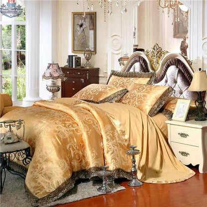 Jacquard cotton bedding set by SLOTH Nation featuring a luxury four-piece duvet cover and silk-satin finish bed sheet.