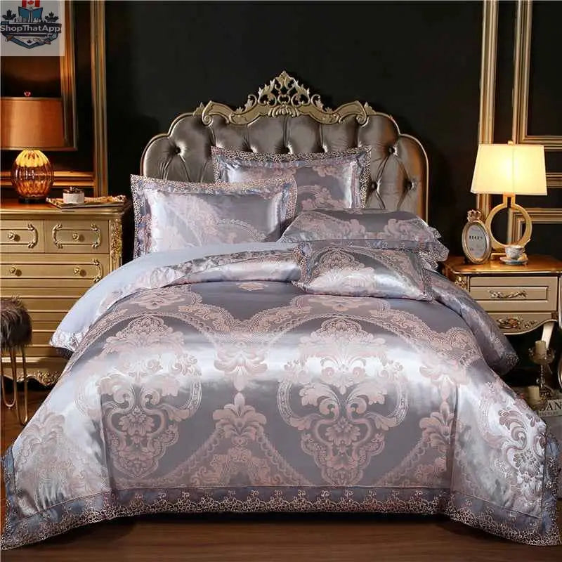 Jacquard cotton bedding set by SLOTH Nation with a luxurious silk-satin finish duvet cover and matching bed sheet in a four-piece set.