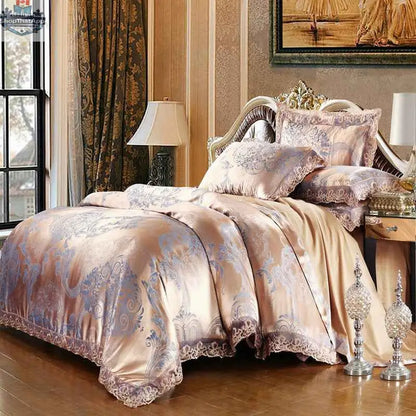 Luxury SLOTH Nation jacquard cotton bedding set with duvet cover and silk-satin finish bed sheet, four-piece bed linens.