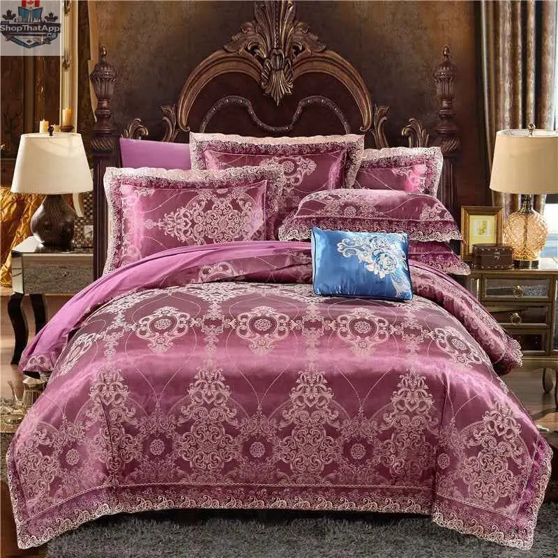 Luxury Jacquard cotton bedding set by SLOTH Nation featuring a four-piece duvet cover and silk-satin finish bed sheet.