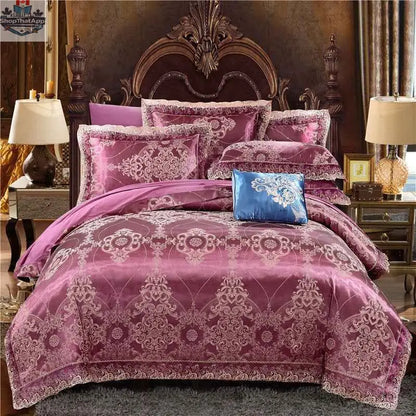 Luxury Jacquard cotton bedding set by SLOTH Nation featuring a four-piece duvet cover and silk-satin finish bed sheet.