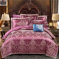 Luxury Jacquard cotton bedding set by SLOTH Nation featuring a four-piece duvet cover and silk-satin finish bed sheet.
