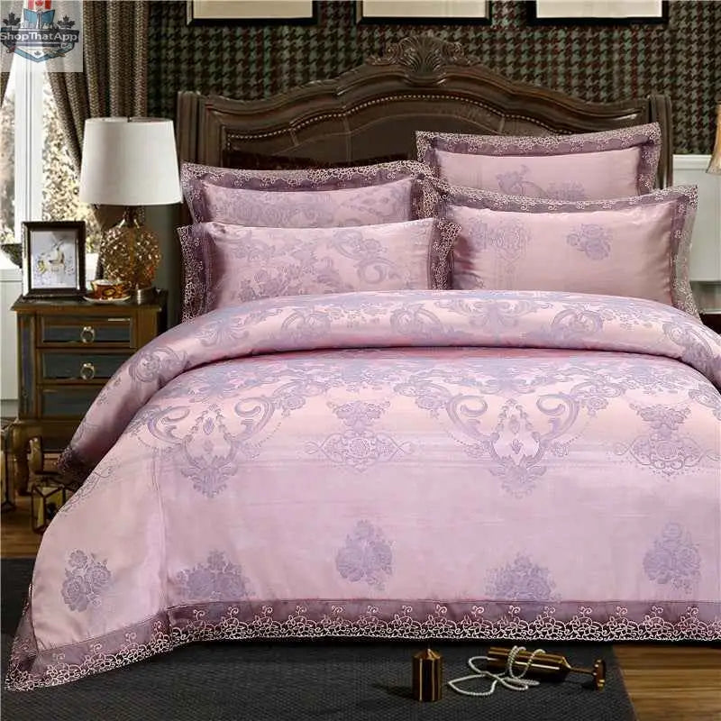 Luxury jacquard cotton bedding set by SLOTH Nation with a duvet cover and silk-satin finish bed sheet in a four-piece ensemble.