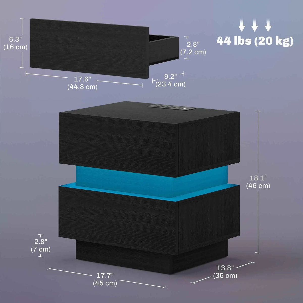 Black Emma bedside table from SLOTH Nation featuring USB ports, charging station, and LED light for convenient bedroom storage.