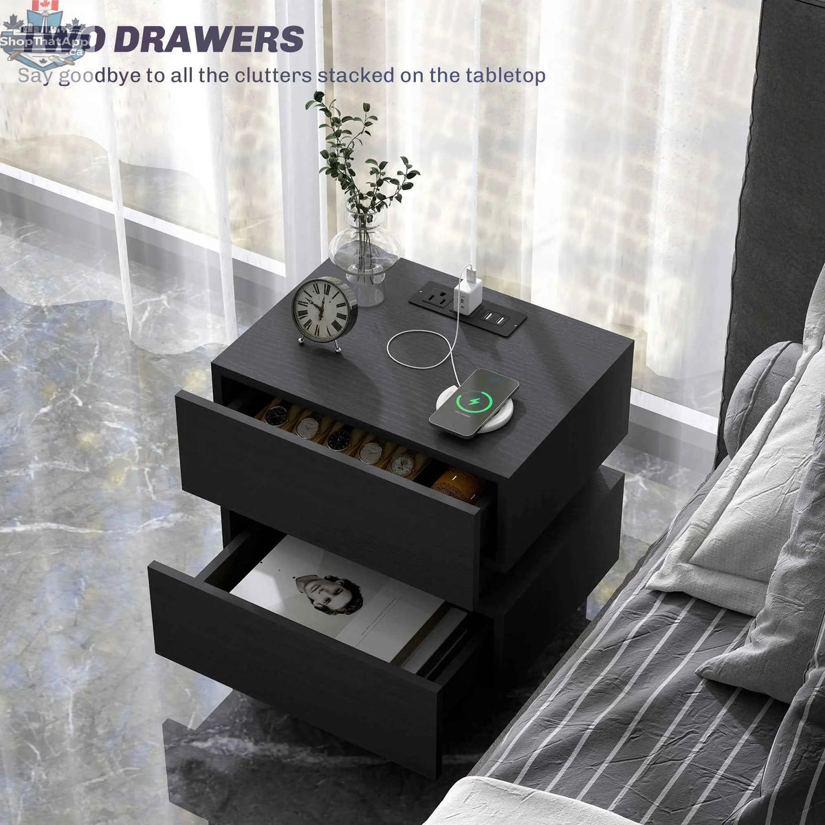Black Emma bedside table by SLOTH Nation with USB ports, charging station, LED light, and modern bedroom furniture design.