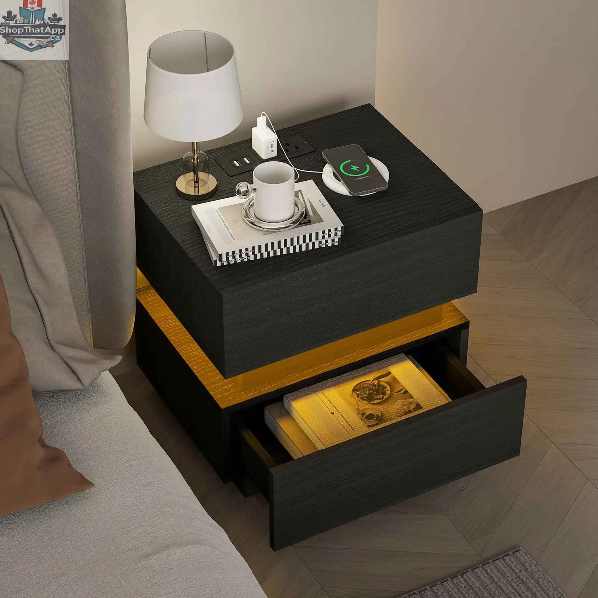 Black Emma bedside table by SLOTH Nation with USB ports, charging station, and integrated LED light for bedroom use.