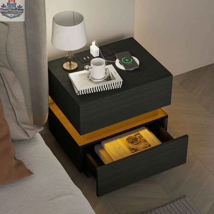 Black Emma bedside table by SLOTH Nation with USB ports, charging station, and integrated LED light for bedroom use.