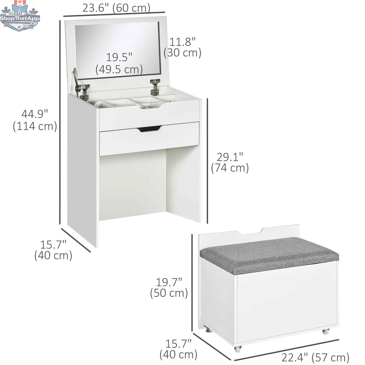 White Alice Makeup Vanity Set with flip top mirror from SLOTH Nation, featuring a sleek bedroom furniture design.