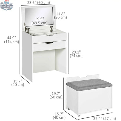 White Alice Makeup Vanity Set with flip top mirror from SLOTH Nation, featuring a sleek bedroom furniture design.