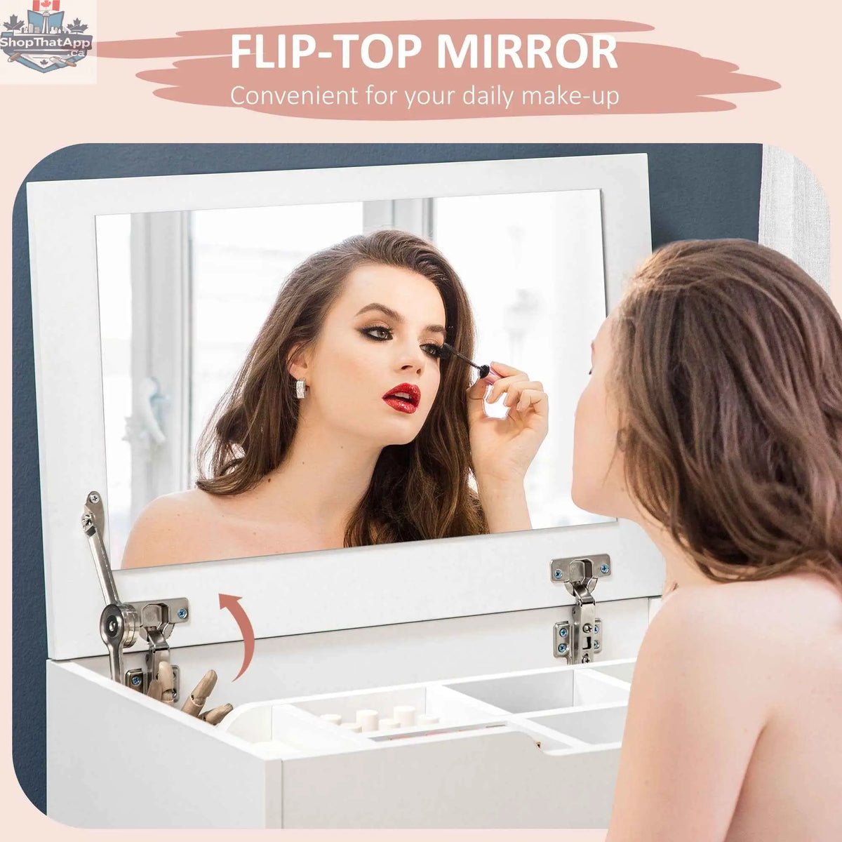White Alice Makeup Vanity Set with flip top mirror from SLOTH Nation, featuring a sleek bedroom furniture design.