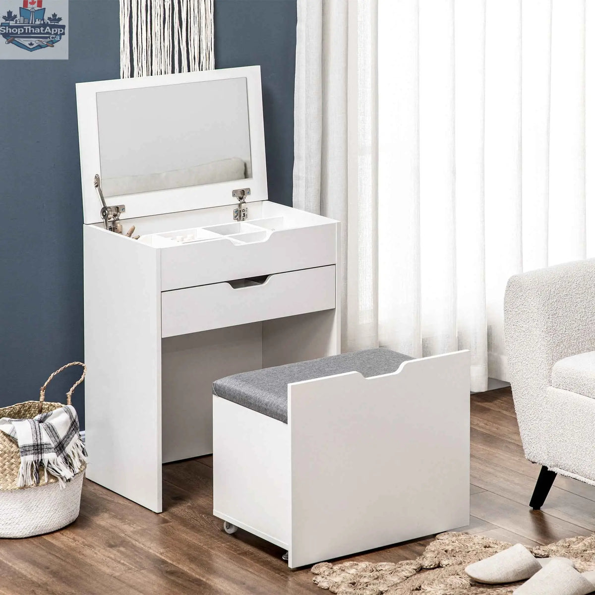 White Alice Makeup Vanity Set with flip top mirror by SLOTH Nation, featuring a bedroom furniture piece with a spacious surface and mirror.