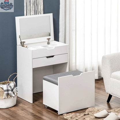 White Alice Makeup Vanity Set with flip top mirror by SLOTH Nation, featuring a bedroom furniture piece with a spacious surface and mirror.