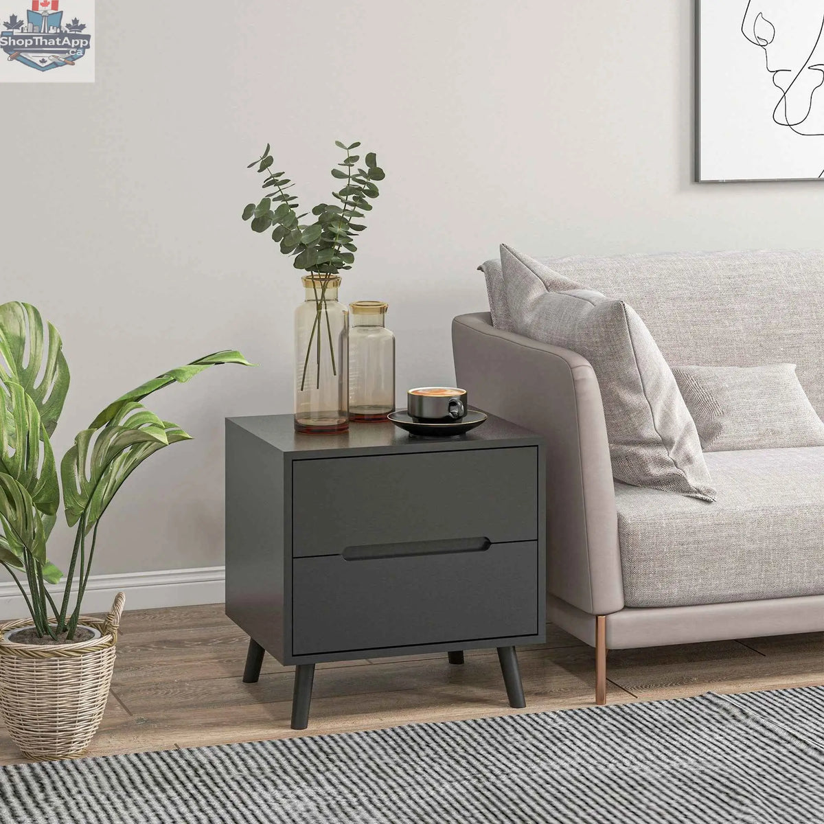 Modern SLOTH Nation black accent table with 3 drawers, versatile storage cabinet for stylish bedroom organization.