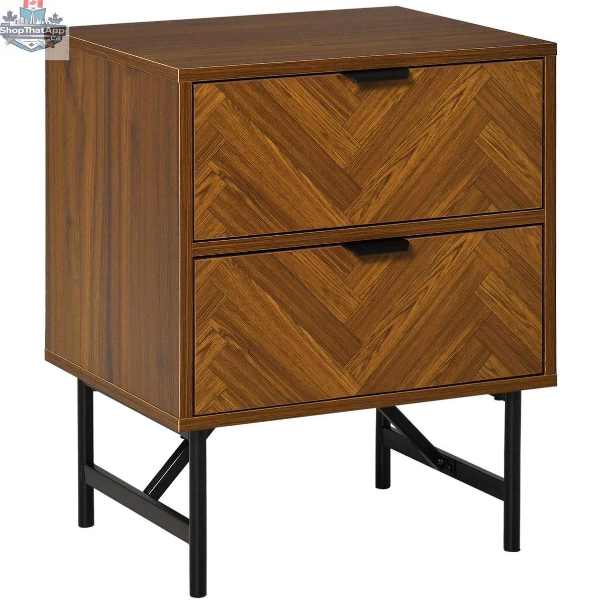 Walnut nightstand with drawers and steel legs, brown bedroom furniture by SLOTH Nation, showing close-up of the modern design.