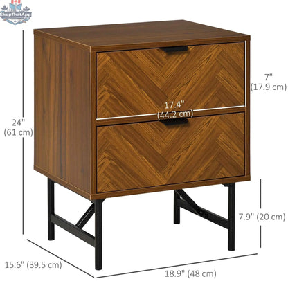 Walnut nightstand with drawers and steel legs, modern bedroom furniture by SLOTH Nation in brown wood finish.