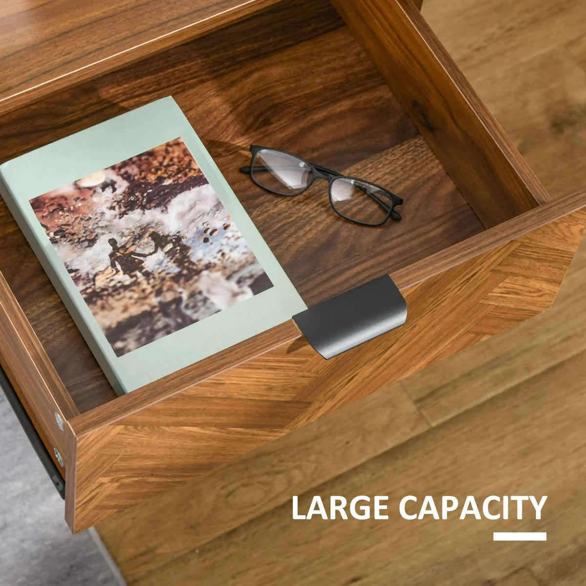 Walnut Erik nightstand with drawers and steel legs, brown bedroom furniture by SLOTH Nation, showcasing modern design and storage features.