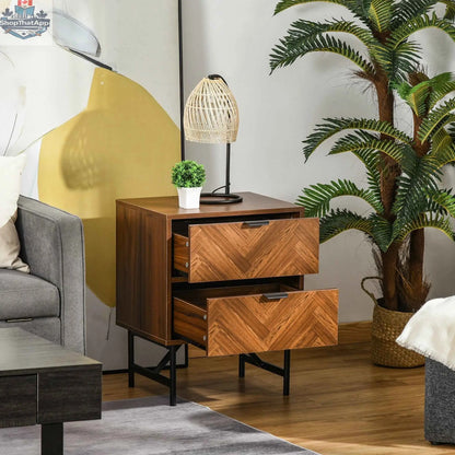 Walnut nightstand with drawers and steel legs, bedroom furniture by SLOTH Nation, in brown finish, featuring a modern design.