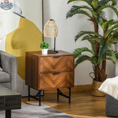 Walnut nightstand with drawers and steel legs from SLOTH Nation, showcasing a brown bedroom furniture piece with modern design.