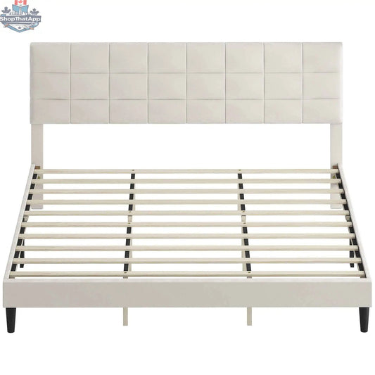 Cream white Harper king size bed frame with upholstered headboard, modern bedroom furniture by SLOTH Nation.
