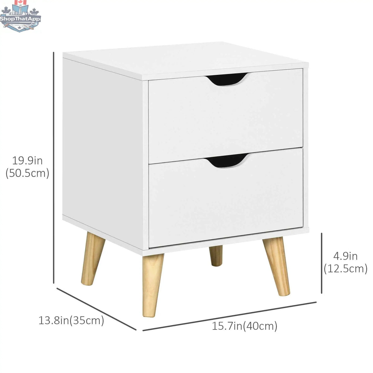White Jesse nightstand with two drawers and pine wood legs, modern bedroom furniture by SLOTH Nation.