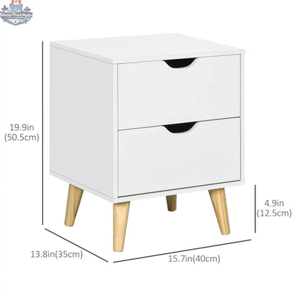 White Jesse nightstand with two drawers and pine wood legs, modern bedroom furniture by SLOTH Nation.