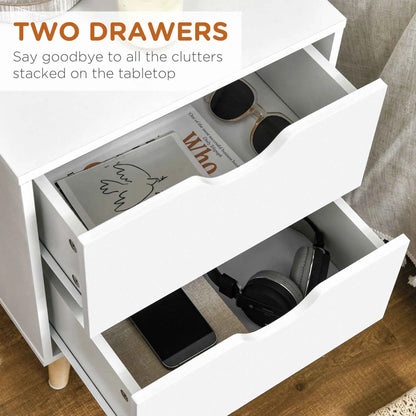 White Jesse nightstand with two drawers and pine wood legs, modern bedroom furniture from SLOTH Nation.