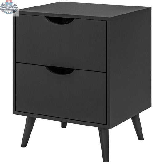 SLOTH Nation Jesse black nightstand with drawers and pine wood legs, stylish bedroom furniture for chic storage.