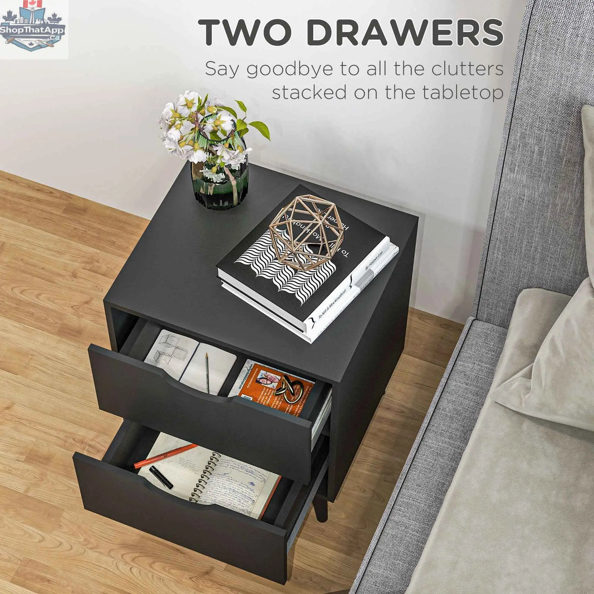 Black Jesse nightstand with drawers and pine wood legs, stylish bedroom furniture from SLOTH Nation.