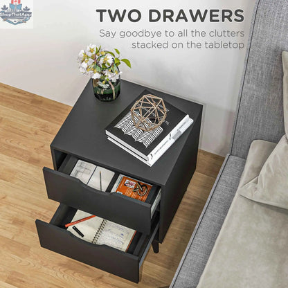 Black Jesse nightstand with drawers and pine wood legs, stylish bedroom furniture from SLOTH Nation.