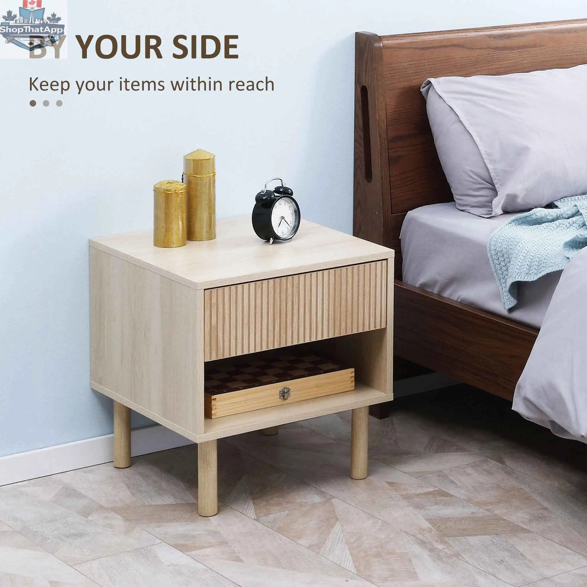 Set of two modern natural wood nightstands with drawers and open shelves, bedroom furniture by SLOTH Nation