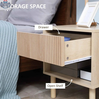 Set of two modern natural wood nightstands with drawers and open shelves from SLOTH Nation bedroom furniture collection.