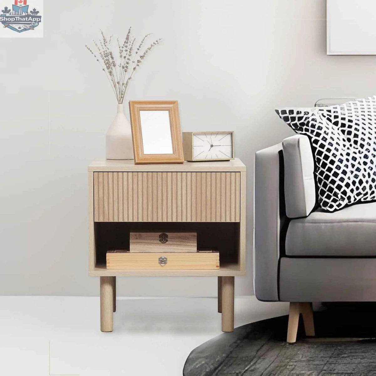 Modern natural wood nightstand set with drawers and open shelf from SLOTH Nation, ideal for contemporary bedroom furniture.