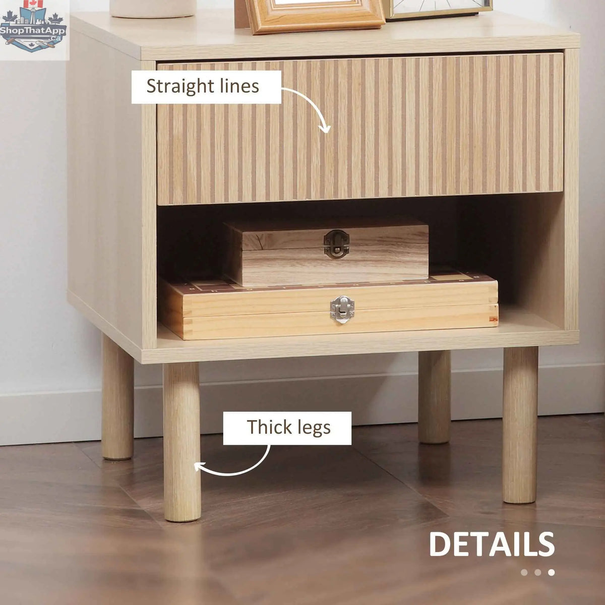 Set of two natural wood modern nightstands with drawers and open shelves, designed for bedroom furniture by SLOTH Nation.
