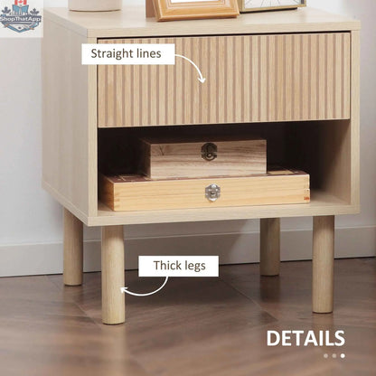 Set of two natural wood modern nightstands with drawers and open shelves, designed for bedroom furniture by SLOTH Nation.