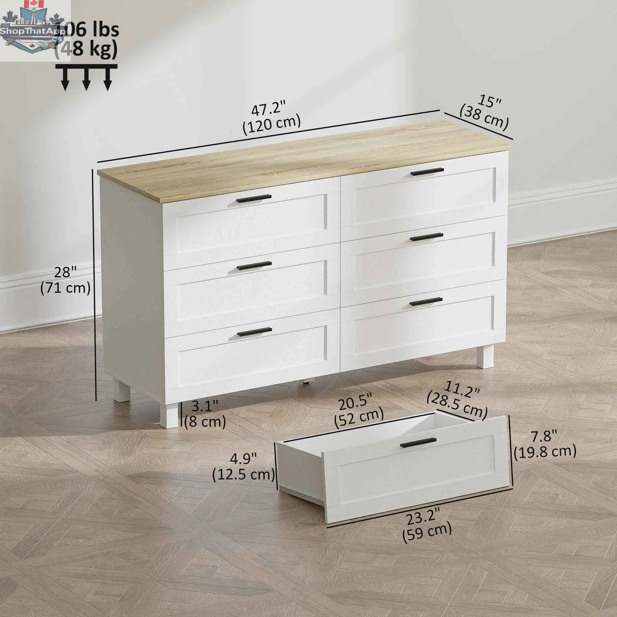 SLOTH Nation Martha modern white 47-inch wide bedroom dresser with six drawers, suitable for bedroom, living room, or entryway.