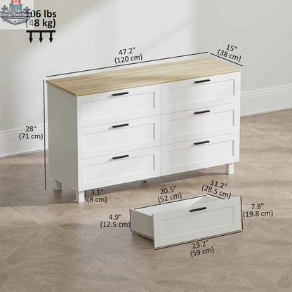 SLOTH Nation Martha modern white 47-inch wide bedroom dresser with six drawers, suitable for bedroom, living room, or entryway.