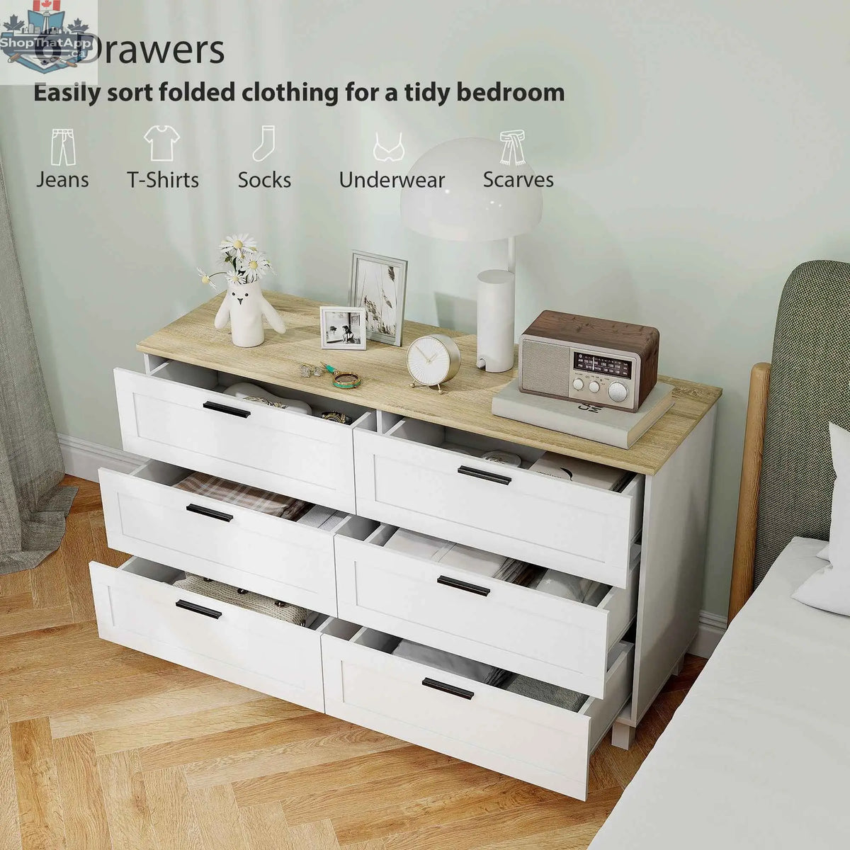 Modern white Martha 47-inch wide dresser with six drawers, versatile bedroom, living room, or entryway furniture by SLOTH Nation.