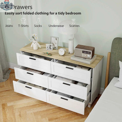 Modern white Martha 47-inch wide dresser with six drawers, versatile bedroom, living room, or entryway furniture by SLOTH Nation.